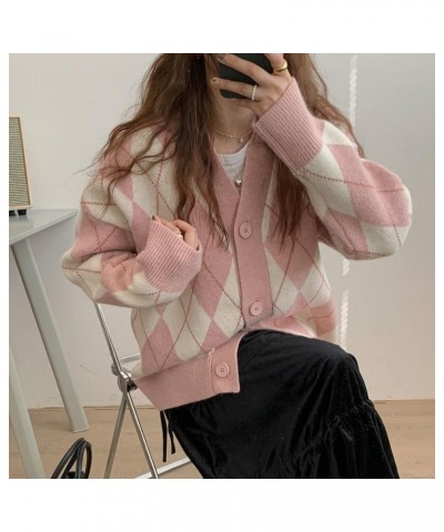 Women Argyle Preppy Cardigan Sweater Button Down Knit Varsity Color Block Y2k Aesthetic Clothes Grunge Grandpa Sweater E Pink...