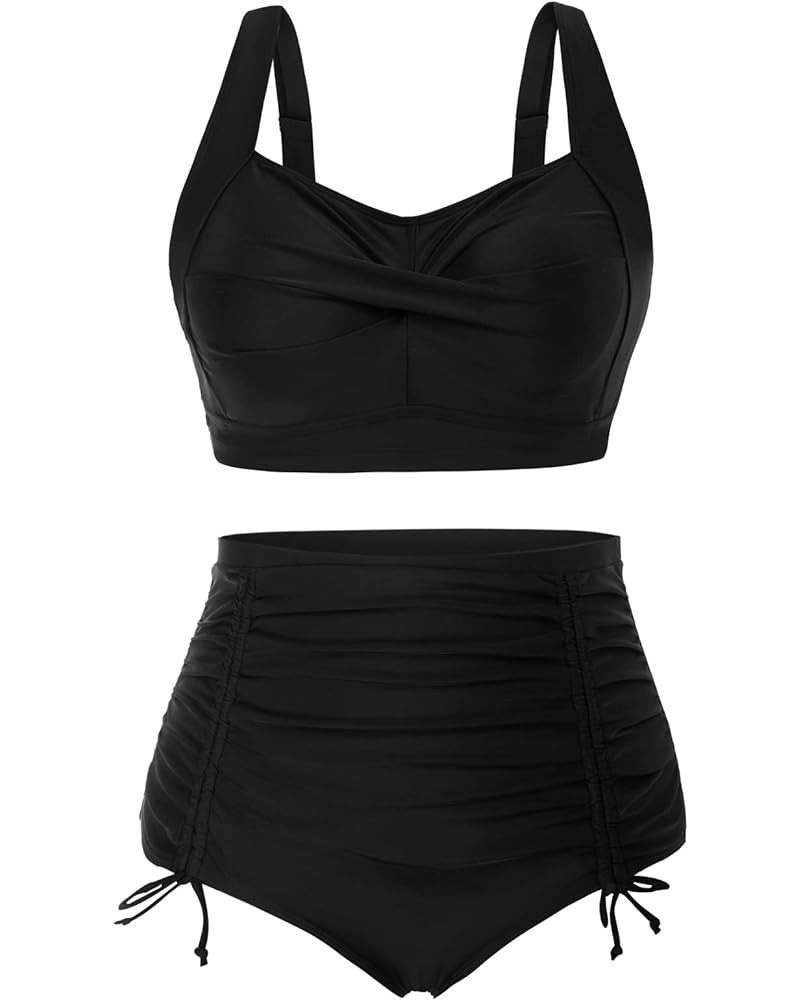 Women Plus Size Two Piece Swimsuit Sets Twist Front Bikini Bathing Suit with Drawstring Ruched Bottom Black $21.83 Swimsuits