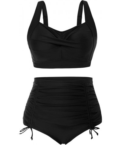 Women Plus Size Two Piece Swimsuit Sets Twist Front Bikini Bathing Suit with Drawstring Ruched Bottom Black $21.83 Swimsuits