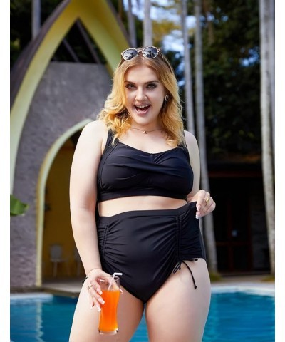 Women Plus Size Two Piece Swimsuit Sets Twist Front Bikini Bathing Suit with Drawstring Ruched Bottom Black $21.83 Swimsuits