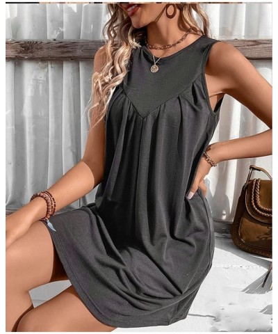 Women's Summer Casual Crew Neck Tank Dress Sleeveless Drawstring T Shirt Sundress A line Midi Dress with Pockets D-dark Grey ...