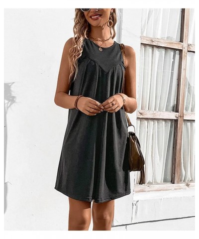 Women's Summer Casual Crew Neck Tank Dress Sleeveless Drawstring T Shirt Sundress A line Midi Dress with Pockets D-dark Grey ...