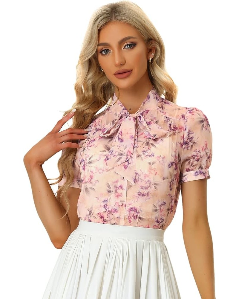 Floral Tie Neck Shirt for Women's 2023 Summer Casual Semi Sheer Chiffon Short Sleeve Blouse Top Purple $17.03 Blouses