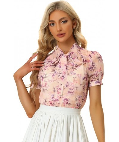 Floral Tie Neck Shirt for Women's 2023 Summer Casual Semi Sheer Chiffon Short Sleeve Blouse Top Purple $17.03 Blouses