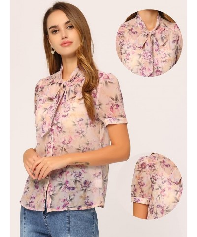 Floral Tie Neck Shirt for Women's 2023 Summer Casual Semi Sheer Chiffon Short Sleeve Blouse Top Purple $17.03 Blouses