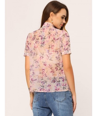 Floral Tie Neck Shirt for Women's 2023 Summer Casual Semi Sheer Chiffon Short Sleeve Blouse Top Purple $17.03 Blouses