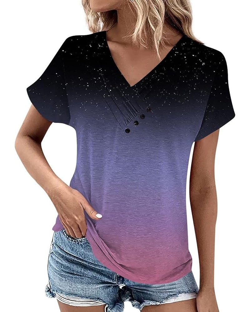 Short Sleeve Shirts for Women Summer Casual Trendy V-Neck Solid Color Comfy Button Down Shirts Tops Spring Tops 2024 02-purpl...