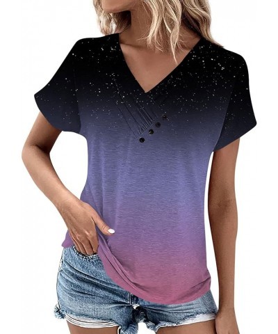 Short Sleeve Shirts for Women Summer Casual Trendy V-Neck Solid Color Comfy Button Down Shirts Tops Spring Tops 2024 02-purpl...