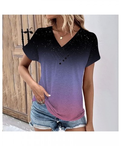 Short Sleeve Shirts for Women Summer Casual Trendy V-Neck Solid Color Comfy Button Down Shirts Tops Spring Tops 2024 02-purpl...