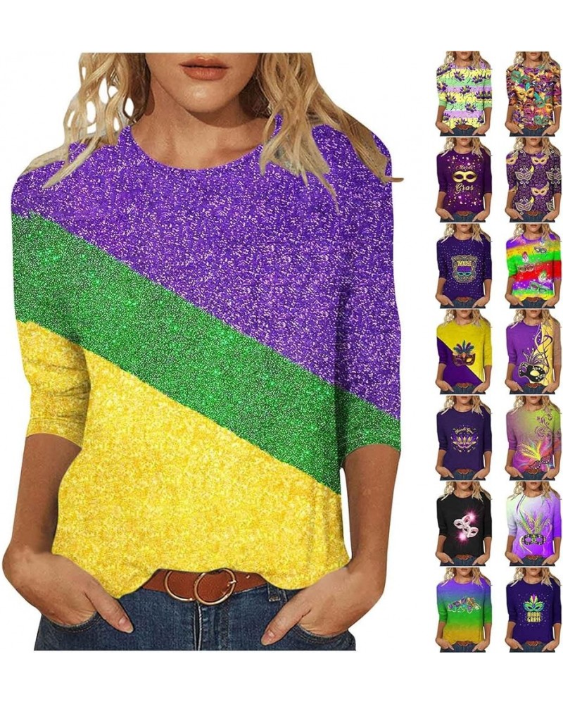 2024 Women Mardi Gras Shirts Carnival Party Graphic 3/4 Sleeve Tunic Tops Fat Tuesday Crewneck Trendy T-Shirt 01_purple $6.37...