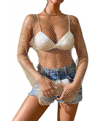 Women's Long Sleeve Rhinestone Mesh See Through Crop Top Shirt Clubwear Cover Up Gold $22.39 Swimsuits