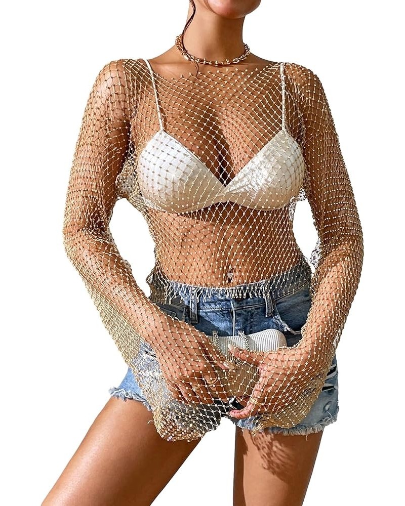 Women's Long Sleeve Rhinestone Mesh See Through Crop Top Shirt Clubwear Cover Up Gold $22.39 Swimsuits