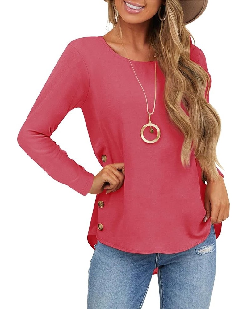 Womens Long Sleeve Tops Casual Crew Neck T Shirts Pullover Tunics with Side Buttons Hot Pink $17.09 Tops