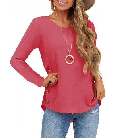 Womens Long Sleeve Tops Casual Crew Neck T Shirts Pullover Tunics with Side Buttons Hot Pink $17.09 Tops