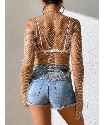 Women's Long Sleeve Rhinestone Mesh See Through Crop Top Shirt Clubwear Cover Up Gold $22.39 Swimsuits