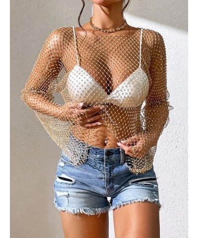 Women's Long Sleeve Rhinestone Mesh See Through Crop Top Shirt Clubwear Cover Up Gold $22.39 Swimsuits