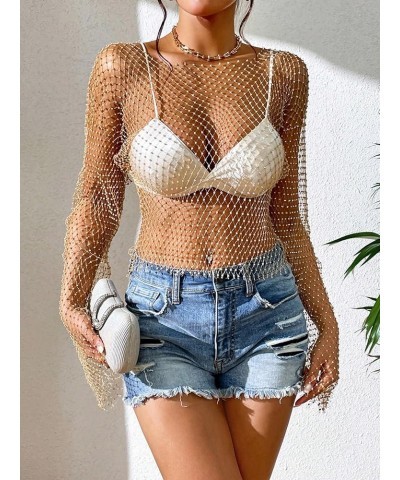 Women's Long Sleeve Rhinestone Mesh See Through Crop Top Shirt Clubwear Cover Up Gold $22.39 Swimsuits