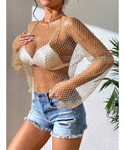 Women's Long Sleeve Rhinestone Mesh See Through Crop Top Shirt Clubwear Cover Up Gold $22.39 Swimsuits