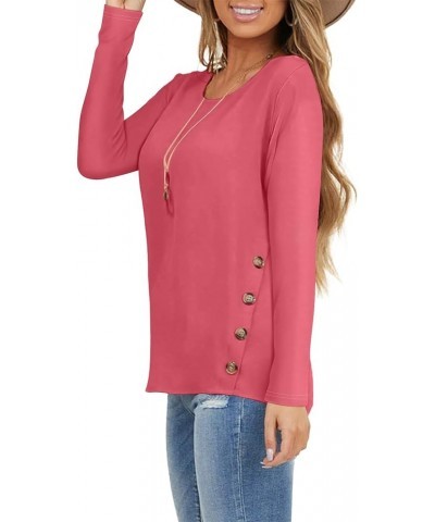 Womens Long Sleeve Tops Casual Crew Neck T Shirts Pullover Tunics with Side Buttons Hot Pink $17.09 Tops