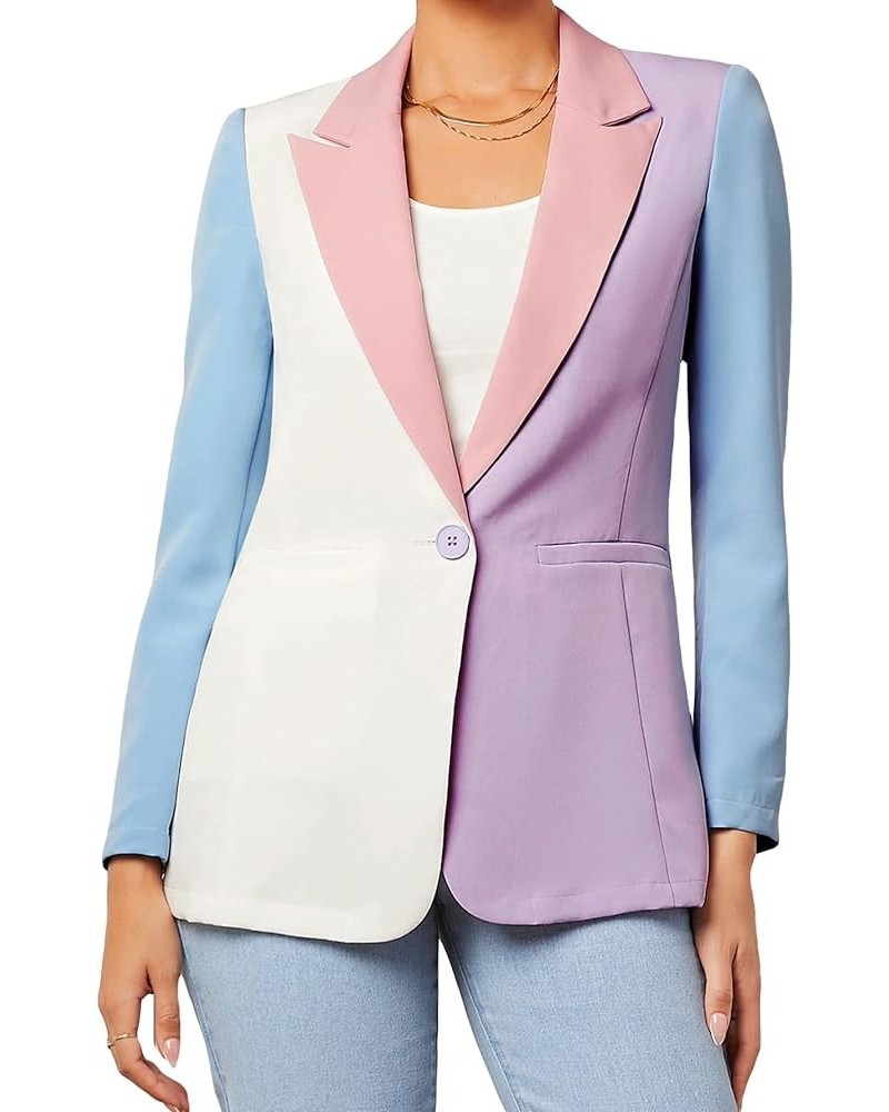 Women's Color Block One Button Open Front Elegant Work Office Blazer Jacket Blue Pink and Purple $18.45 Blazers