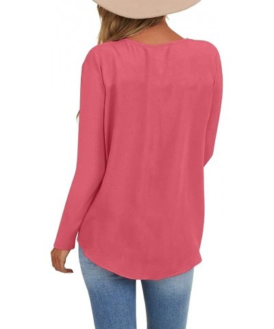 Womens Long Sleeve Tops Casual Crew Neck T Shirts Pullover Tunics with Side Buttons Hot Pink $17.09 Tops