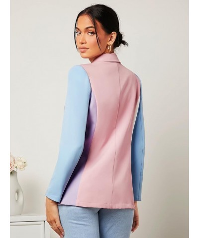 Women's Color Block One Button Open Front Elegant Work Office Blazer Jacket Blue Pink and Purple $18.45 Blazers