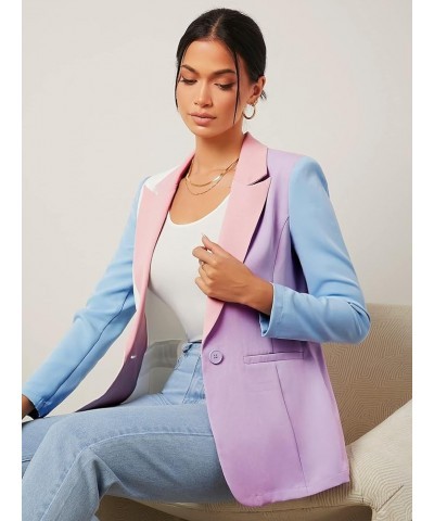 Women's Color Block One Button Open Front Elegant Work Office Blazer Jacket Blue Pink and Purple $18.45 Blazers