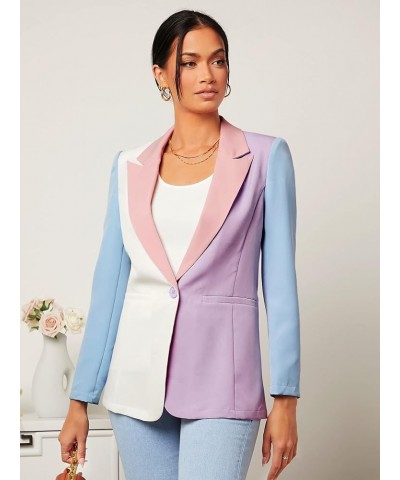 Women's Color Block One Button Open Front Elegant Work Office Blazer Jacket Blue Pink and Purple $18.45 Blazers