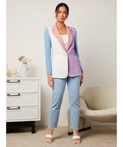 Women's Color Block One Button Open Front Elegant Work Office Blazer Jacket Blue Pink and Purple $18.45 Blazers