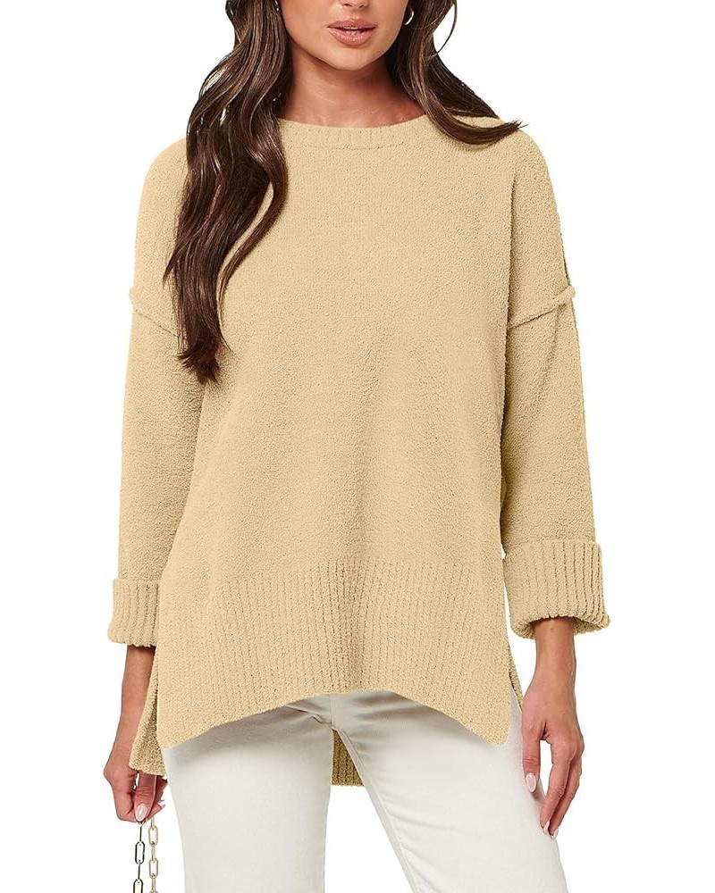 Women's Crewneck Oversized Sweaters Fuzzy Knit Chunky Warm Side Slit Pullover Long Sleeve Sweater Top Yellow $24.50 Sweaters