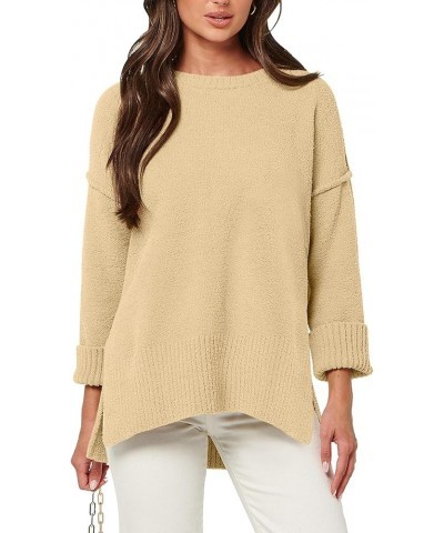 Women's Crewneck Oversized Sweaters Fuzzy Knit Chunky Warm Side Slit Pullover Long Sleeve Sweater Top Yellow $24.50 Sweaters