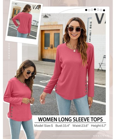 Womens Long Sleeve Tops Casual Crew Neck T Shirts Pullover Tunics with Side Buttons Hot Pink $17.09 Tops