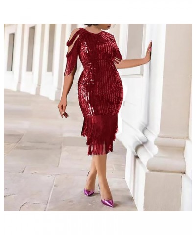 Sexy Elegant Women Sequin Tassel Bodycon Midi Dress Party Evening Gown Formal Dress Red-ss $30.15 Dresses