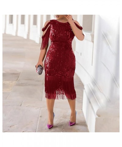 Sexy Elegant Women Sequin Tassel Bodycon Midi Dress Party Evening Gown Formal Dress Red-ss $30.15 Dresses