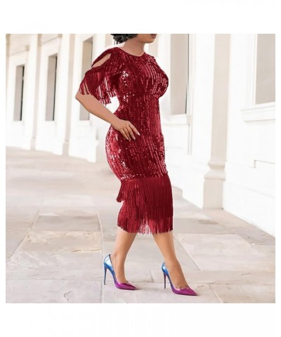 Sexy Elegant Women Sequin Tassel Bodycon Midi Dress Party Evening Gown Formal Dress Red-ss $30.15 Dresses