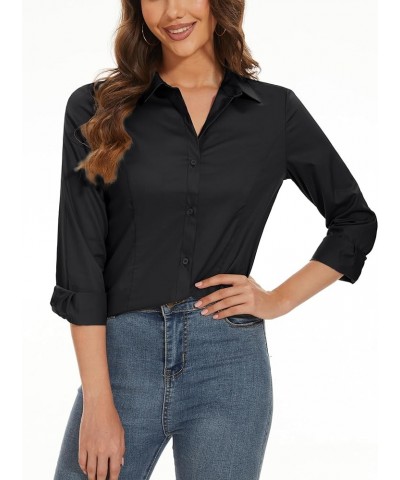 Womens Button Up Shirts Long Sleeve Solid Color Formal Dress Shirt Work Blouse Business Casual Tops Black $17.84 Blouses