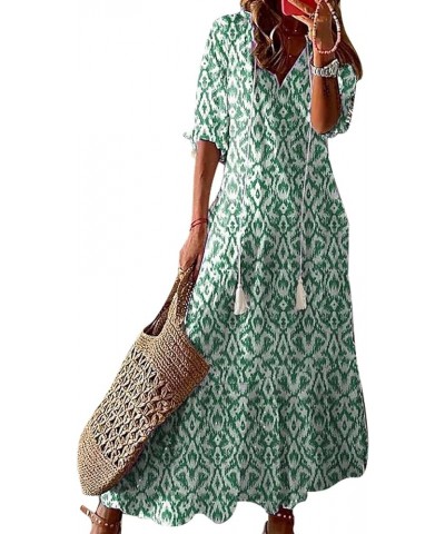 Women's Boho Floral Printed V Neck Ruffle Half Sleeve Tiered Maxi Dress Summer Casual Long Beach Dress Green Boho $16.63 Dresses