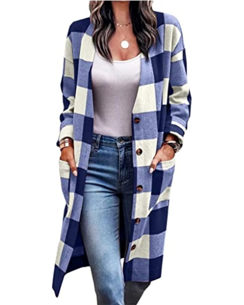 Women's Long Plaid Shirts Coat Tartan Shacket Jacket Long Coat with Pockets A-blue $25.00 Jackets