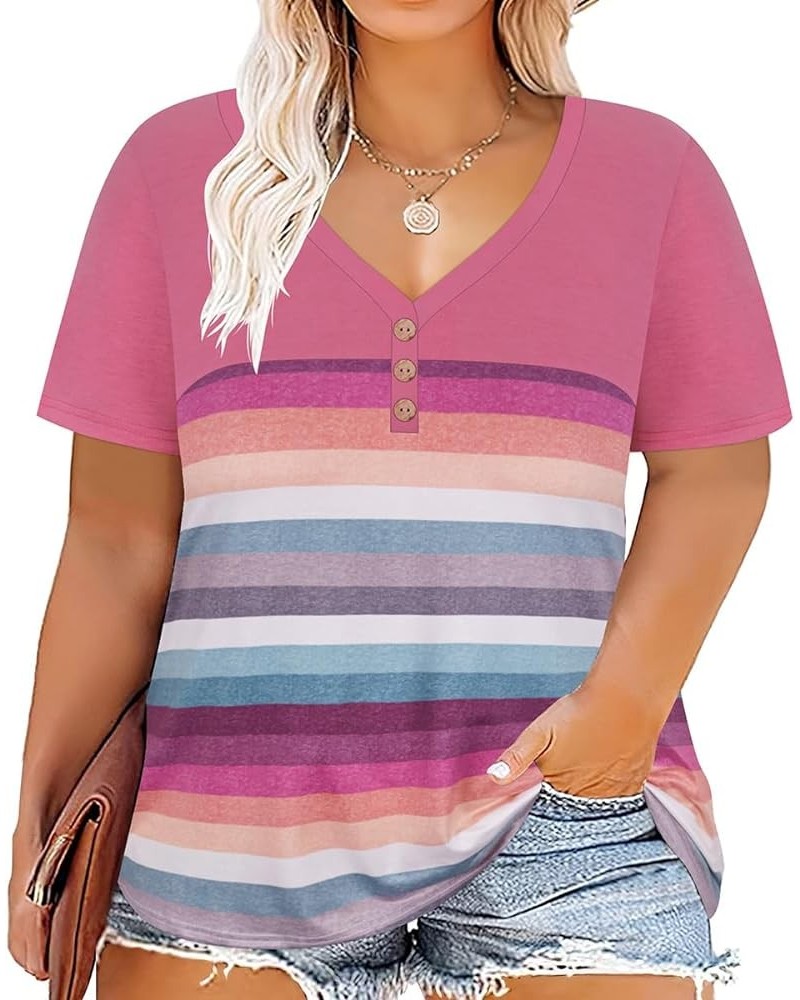 Womens Plus Size Tops Basic Summer Shirts Short Sleeve V Neck Tunics Casual T-Shirt Loose Fits XL-5XL Button-vneck Cs Pink $1...