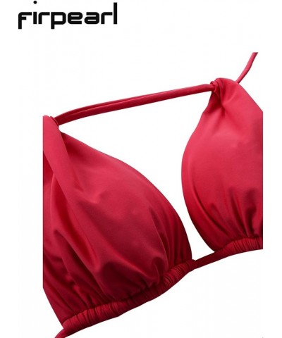 Women's Triangle Bikini Tops Push Up Slider Ruched Halter Swimsuit Top Swim Bras Red $19.46 Swimsuits