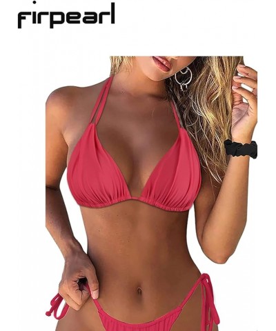 Women's Triangle Bikini Tops Push Up Slider Ruched Halter Swimsuit Top Swim Bras Red $19.46 Swimsuits