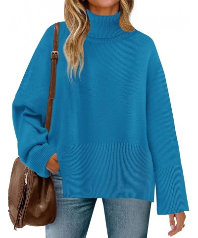 Women's 2024 Fall Sweaters Turtleneck Long Sleeve Oversized Split Hem Knitted Tunic Pullover Jumper Tops Brightblue $23.40 Sw...