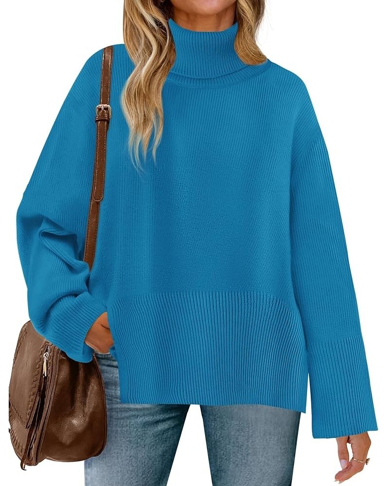 Women's 2024 Fall Sweaters Turtleneck Long Sleeve Oversized Split Hem Knitted Tunic Pullover Jumper Tops Brightblue $23.40 Sw...