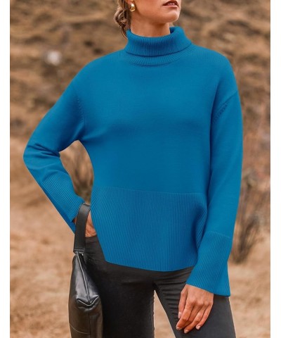 Women's 2024 Fall Sweaters Turtleneck Long Sleeve Oversized Split Hem Knitted Tunic Pullover Jumper Tops Brightblue $23.40 Sw...