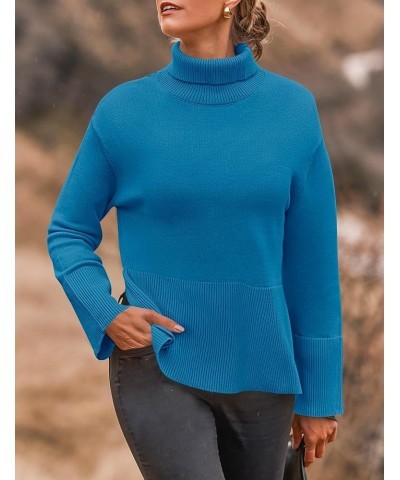 Women's 2024 Fall Sweaters Turtleneck Long Sleeve Oversized Split Hem Knitted Tunic Pullover Jumper Tops Brightblue $23.40 Sw...