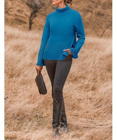 Women's 2024 Fall Sweaters Turtleneck Long Sleeve Oversized Split Hem Knitted Tunic Pullover Jumper Tops Brightblue $23.40 Sw...