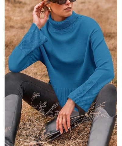 Women's 2024 Fall Sweaters Turtleneck Long Sleeve Oversized Split Hem Knitted Tunic Pullover Jumper Tops Brightblue $23.40 Sw...