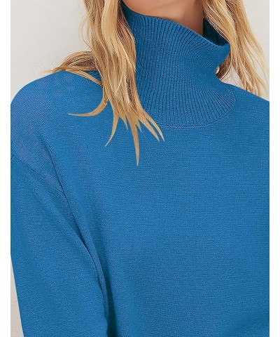 Women's 2024 Fall Sweaters Turtleneck Long Sleeve Oversized Split Hem Knitted Tunic Pullover Jumper Tops Brightblue $23.40 Sw...