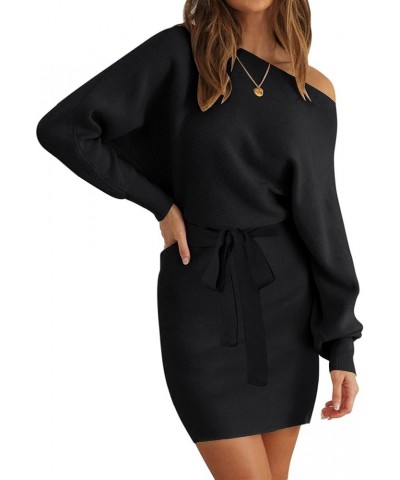 Women's Off Shoulder Batwing Sleeve Sweater Dress Ribbed Knit Bodycon Mini Dresses with Belt Black $31.26 Sweaters