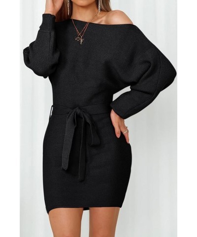 Women's Off Shoulder Batwing Sleeve Sweater Dress Ribbed Knit Bodycon Mini Dresses with Belt Black $31.26 Sweaters